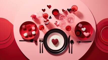  a table set for valentine's day with a heart - shaped plate and heart - shaped cups and saucers.