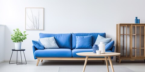 Blue couch and wooden coffee table in white apartment