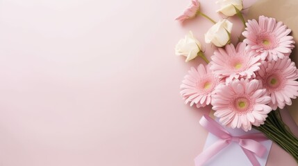  a bouquet of pink and white flowers with a pink ribbon on a pink background with copy - space for text.