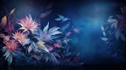 a painting of a bunch of flowers on a blue background with a bird flying in the middle of the picture.