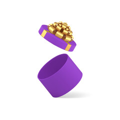 Purple circle open gift box with luxury golden bow ribbon shopping prize 3d icon realistic vector