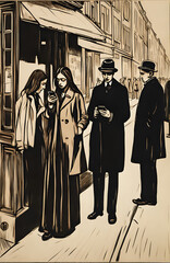 Deux femmes et deux hommes, attendent à l'entrée d'un commerce, plongés dans leur smartphone. peinture à la façon des expressionnistes.