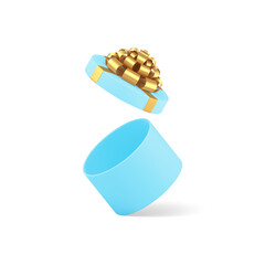 Blue elegant circle open gift box with golden luxury bow ribbon 3d icon realistic vector