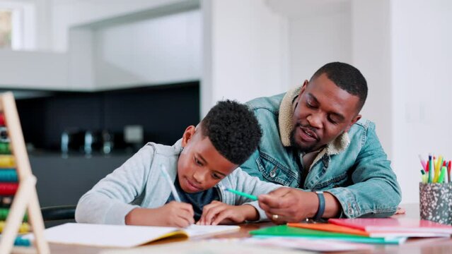 Homework, help and father and son in kitchen with books for studying, learning or teaching at home together. Education, child development and black family in house for writing, project or math lesson