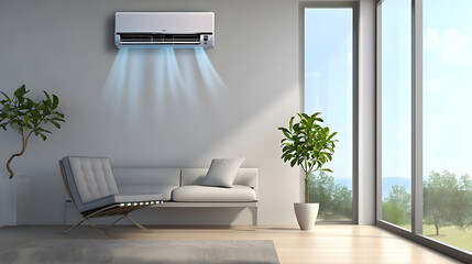 The air conditioner hangs on the wall of a cozy bright room with furniture and plants - obrazy, fototapety, plakaty