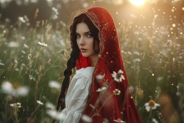 A woman with black hair dressed in a white dress, a red cloak with a hood on top