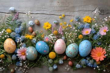 Fototapeta na wymiar An enchanting Easter flat lay sparks joy and embodies the essence of springtime renewal. Expertly arranged on a rustic wooden background