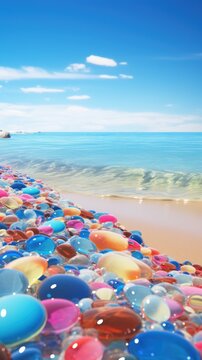  a beach filled with lots of different colored balls on top of a sandy beach next to a body of water.
