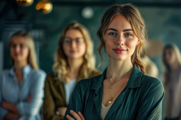 Fototapeta premium A confident lady with a warm smile stands indoors, her layered brown hair framing her human face as she crosses her arms in stylish clothing