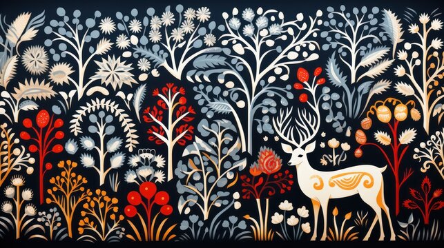  a painting of a deer standing in the middle of a forest with lots of trees and flowers on a black background.