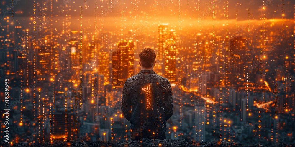 Poster man in contemplation facing a luminous digital interface overlaying the cityscape, symbolizing the i