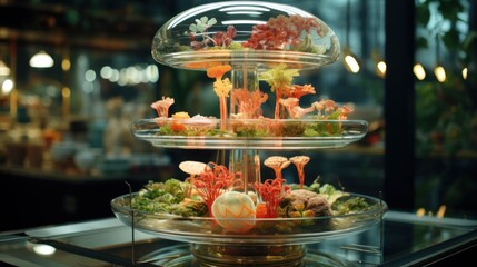  a three tiered display case filled with lots of different types of plants and animals on top of a glass table.