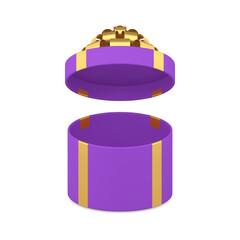 Purple open circle gift box with luxury golden bow ribbon holiday present 3d icon realistic vector