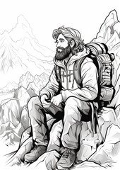 Geologist with a backpack sitting on a rock. Sketch illustration for coloring book.