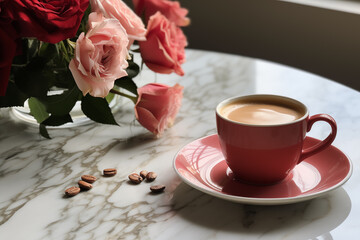 A cup of Americano on a light marble table with a vase filled with roses