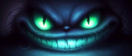 glowing large green eyes, big grin with sharp white teeth, evil smile