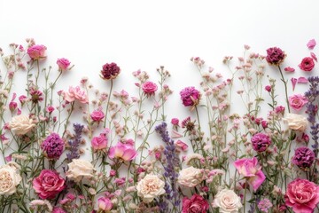 Flatlay top down view of Dried roses and wildflowers on white background