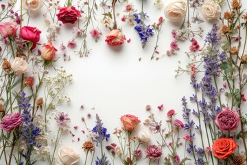 Flatlay top down view of Dried roses and wildflowers on white background