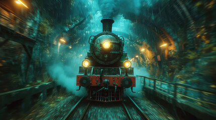 steam locomotive in tunnel - obrazy, fototapety, plakaty