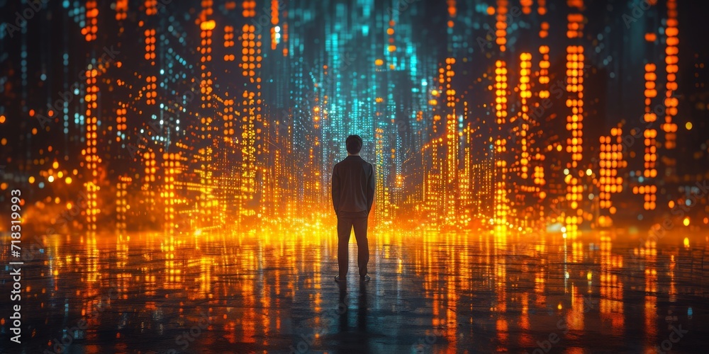 Poster man in contemplation facing a luminous digital interface overlaying the cityscape, symbolizing the i