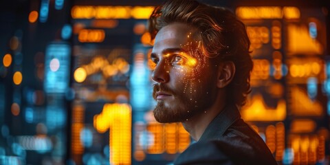 Man in Contemplation Facing a Luminous Digital Interface Overlaying the Cityscape, Symbolizing the Intersection of Urban Life and Technology, Generative AI