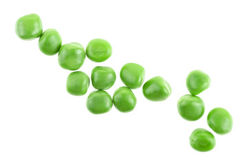 Green peas isolated on a white background, view from above.