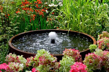 mała fontanna w drewnianej beczce, hortensja bukietowa, i krokosmia Hydrangea paniculata, Crocosmia, small fountain in a wooden barrel, fountain in backyard, gardening design