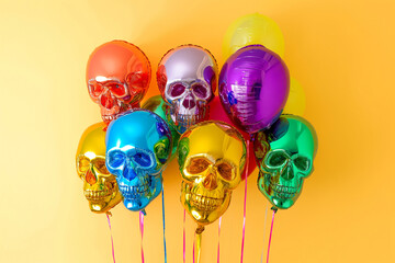 Skull shaped helium balloons. Inflatable colorful balloons in a shape of human skull on pastel background. Halloween party, skeleton jokes and congratulations
