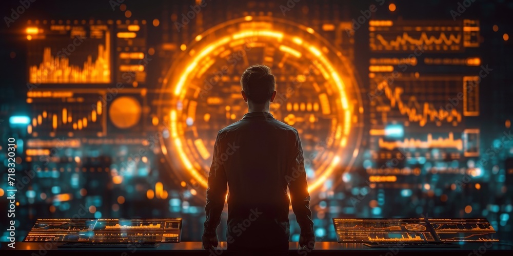 Poster man in contemplation facing a luminous digital interface overlaying the cityscape, symbolizing the i
