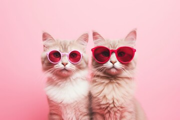 Two beautiful cats in sunglasses look at the camera on a pink background close-up. Postcard with animals for Valentine's Day. Love concept. Happy together. LGBT community party. Pet birthday