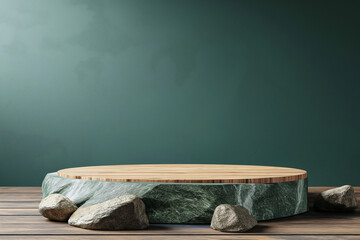 Minimal podium for cosmetic product presentation made of stone and wood. Natural product present placement display, beauty product promotion mockup. Trendy minimalist natural background