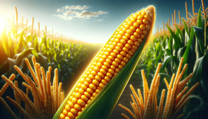 Fototapeta premium Agricultural advertising gold: fresh corn on the cob with a farm background, symbolizing healthy, organic food choices