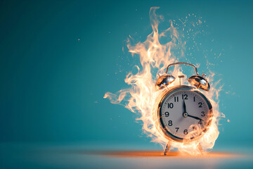 Burning alarm clock. Time out or deadline pressure concept. Clock on fire, symbol of hot sale, discounts, shopping time, countdown. Oversleep, waste of time, insomnia. Time is ending, running out. - obrazy, fototapety, plakaty