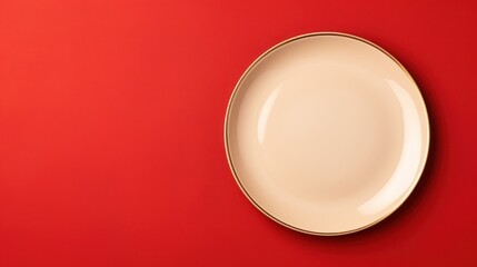  a close up of a white plate on a red background with a red wall in the background and a white plate in the foreground.