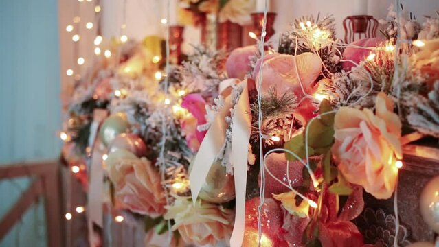 Beautiful decoration with many artificial flowers and garlands