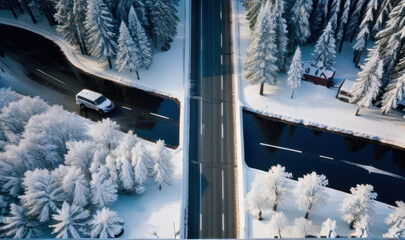 Aerial top view of snow winter road with cars over blue river