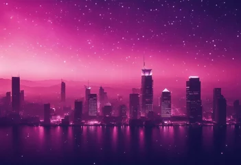 Gordijnen City panorama under a neon purple pink night sky © FrameFinesse