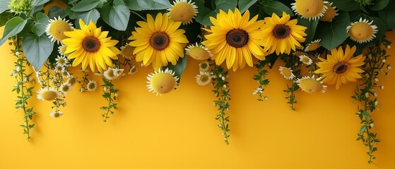 sunflowers and daisies hanging against solid colour backdrop © TeteraX