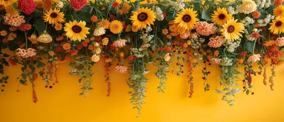 Rolgordijnen sunflowers and daisies hanging against solid colour backdrop © DigitalMuseCreations