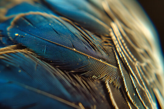 Close-Up of Blue Feather, Bird Plumage Texture, Natures Beauty, Exotic Pattern and Colorful Wildlife Detail