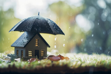 House model under umbrella outdoors. House insurance and real estate protection concept