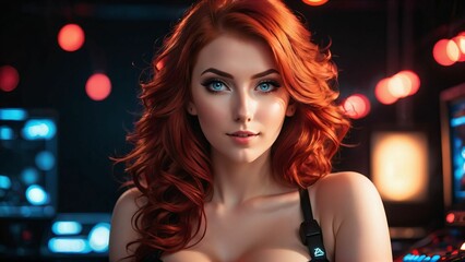 Naklejka premium Woman portrait in arcade room.