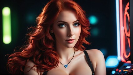 Fototapeta premium Woman portrait in arcade room.