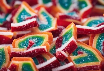 Brightly colored fruit jelly sweets covered in sugar crystals top view close up
