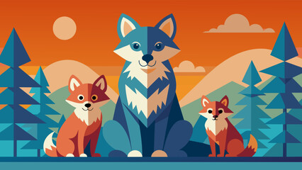 Stylized fox family in geometric forest at sunset vector illustration