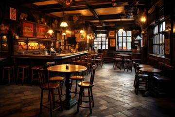 Fototapeta na wymiar Traditional vintage pub interior. Restaurant with empty seats