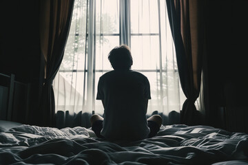 Silhouette of depressed man sitting on bed in front of window, Sleep problems due to stress, mental disorder
