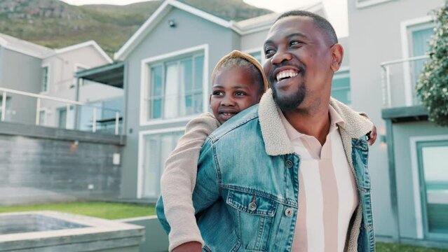 Dad, child and piggyback in new home, outdoor and happy for purchase, mortgage and real estate in community. Homeowner, smile for moving in and buying or building for asset and investment property