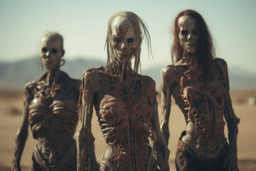 Group of infected zombies roam the desert, Apocalypse scene