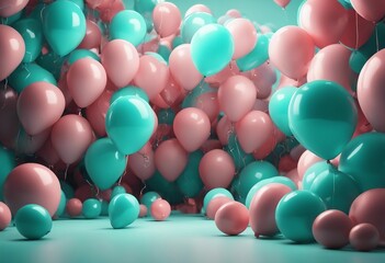Colorful Party Background with Coral Pink and Aqua Balloons in Room with Walls Covered with Balloons